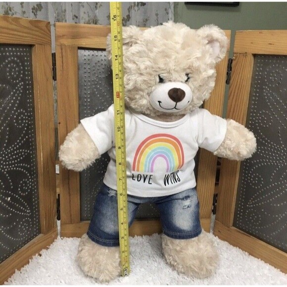 Build A Bear Happy Hugs Tan Swirl Plush Cozy Teddy Bear 16" Rainbow Shirt Jeans - Picture 10 of 11